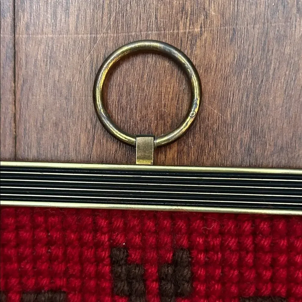Vintage Bell Pull Red and Cream Needlepoint Wall Hanging, Scandinavian Style